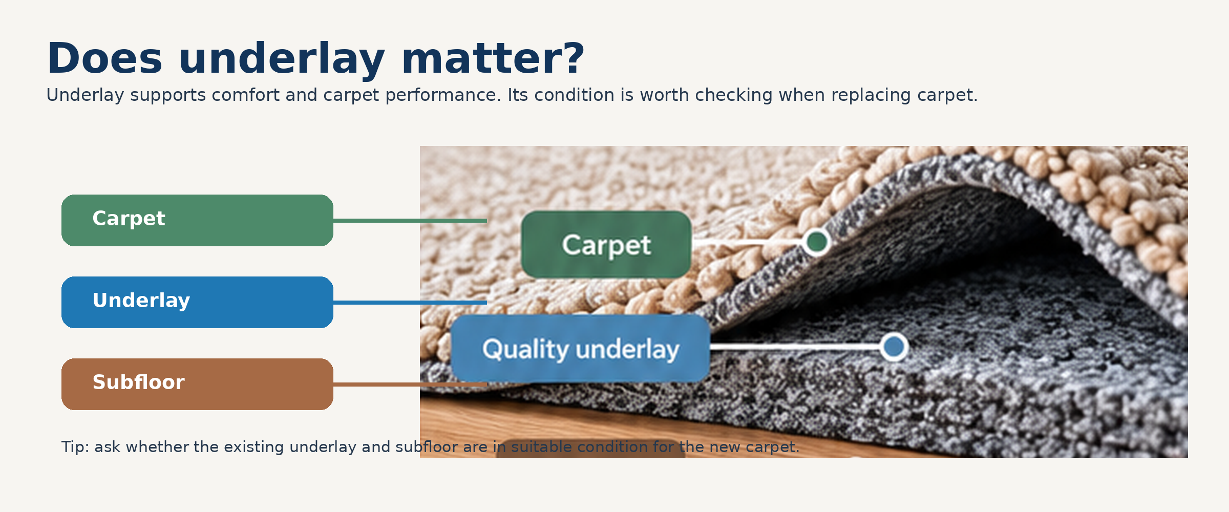 Diagram illustrating carpet, underlay and subfloor