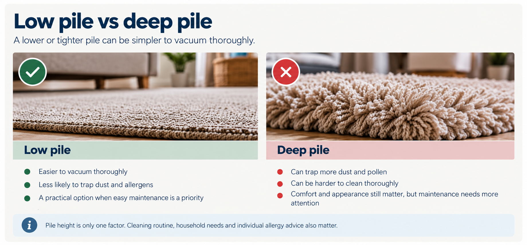 Realistic examples comparing low-pile and deep-pile carpet